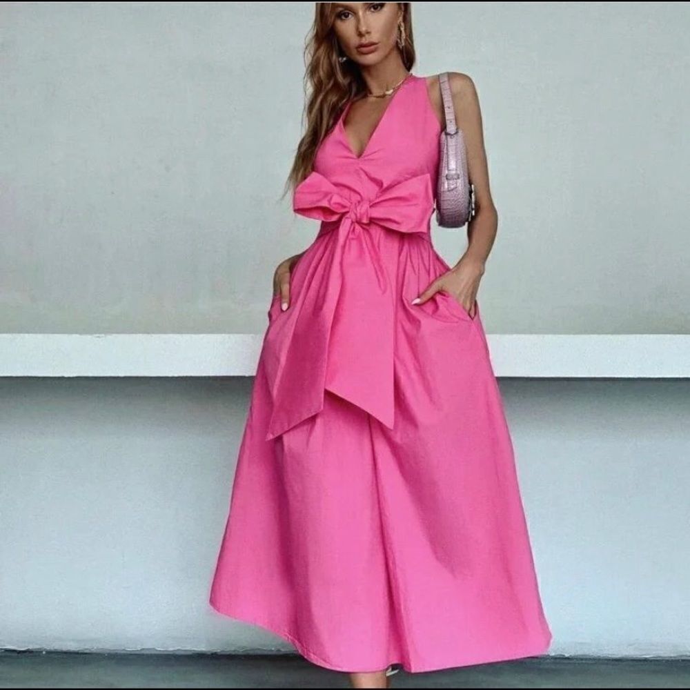 Zara Bow Pink Midi Dress Deep Plunge Poplin New Barbiecore Barbie - Picture 8 of 16